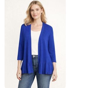 Talbots Blue Pleated Ruffle Peplum Hem Open Front Sweater Cardigan Small